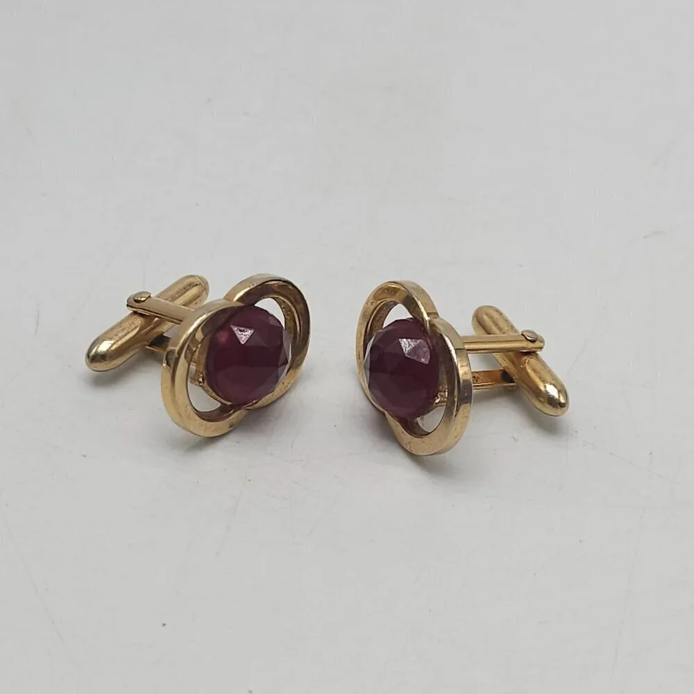 Vintage Swank Double Ring Cufflinks With Red Rose Cut Ruby Rhinestone